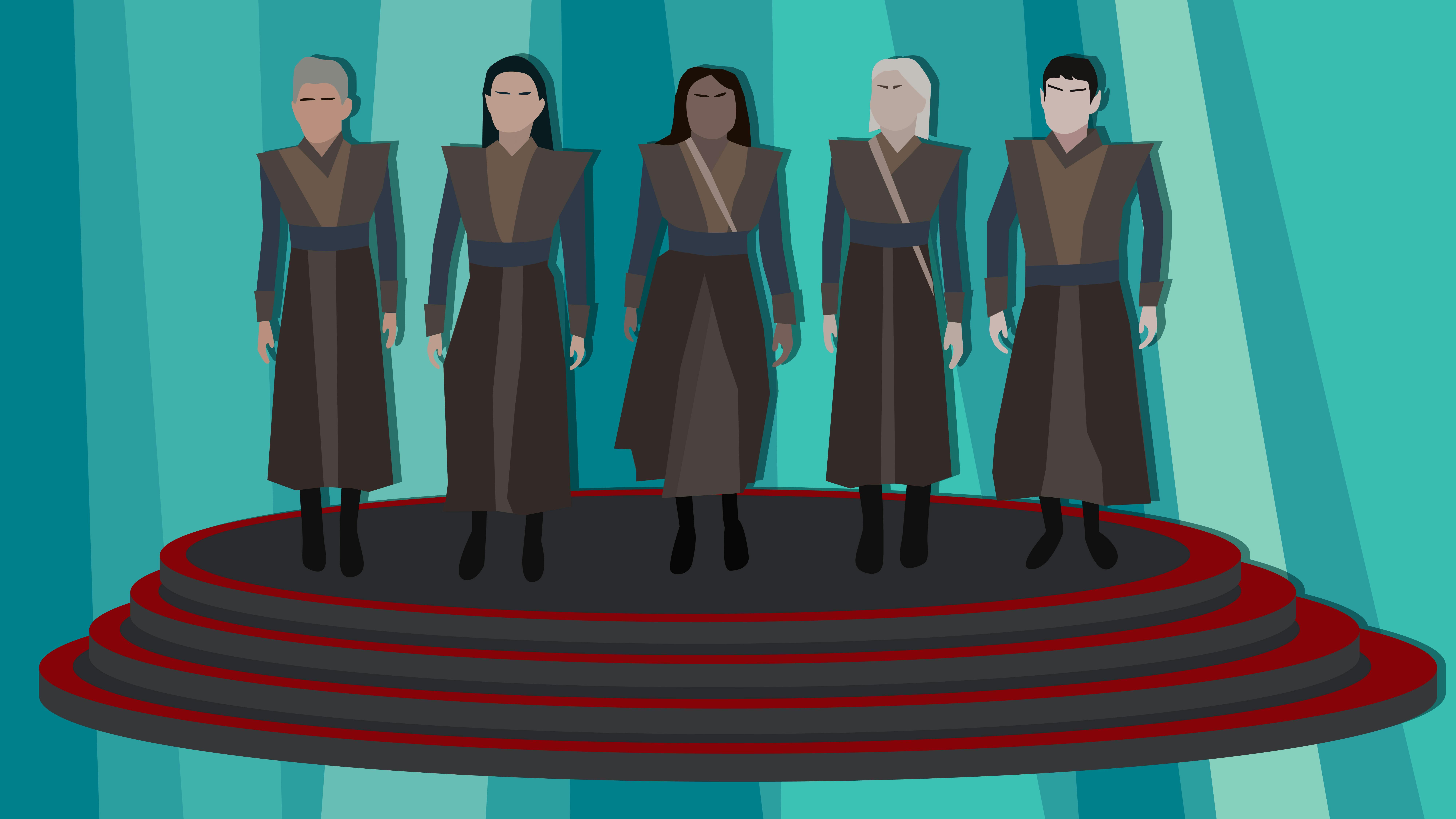 Illustration of Pike, La'An, Uhura, and Chapel as Vulcans and Spock on the transporter pad in 'Four-and-a-Half Vulcans'