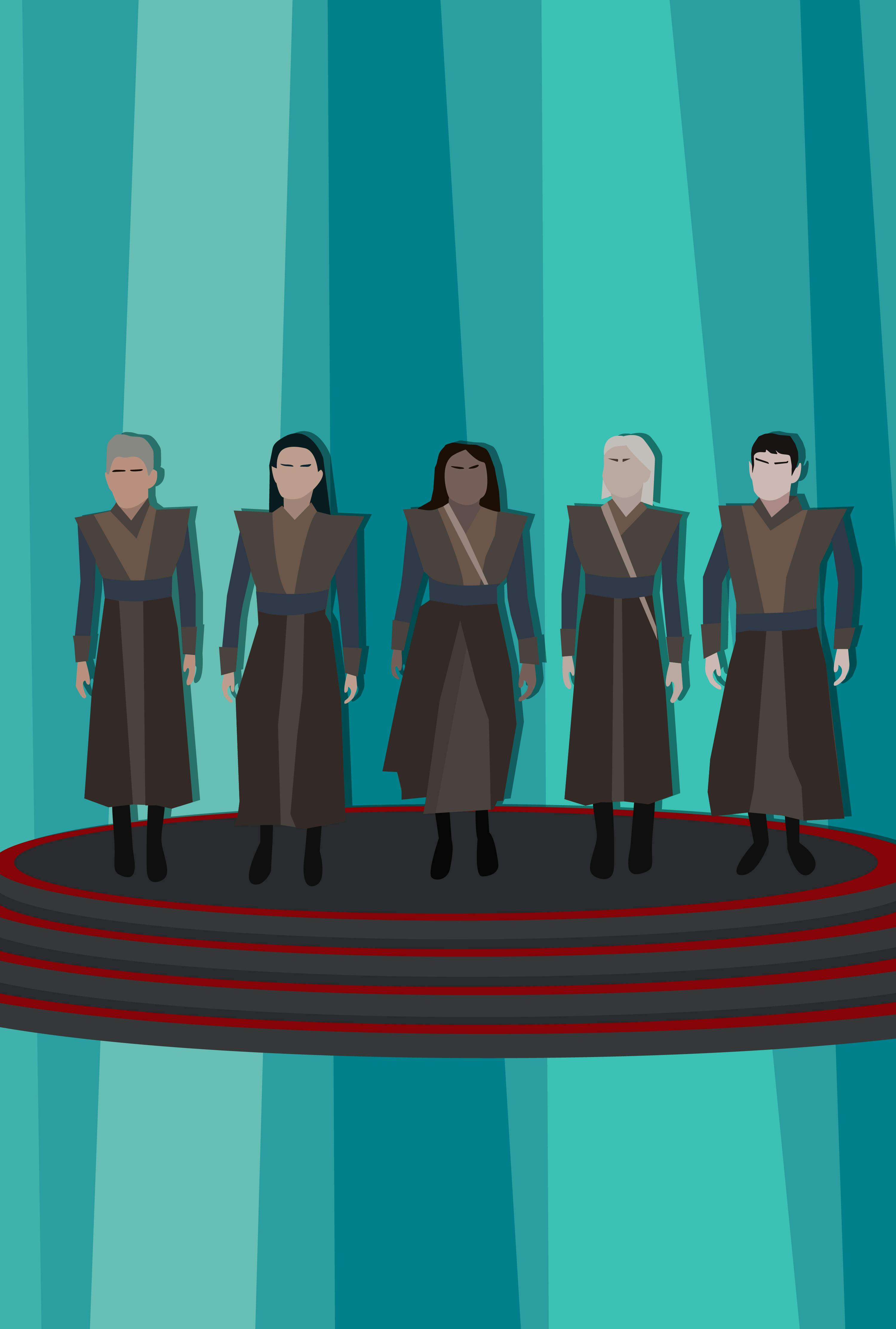 Illustration of Pike, La'An, Uhura, and Chapel as Vulcans and Spock on the transporter pad in 'Four-and-a-Half Vulcans'