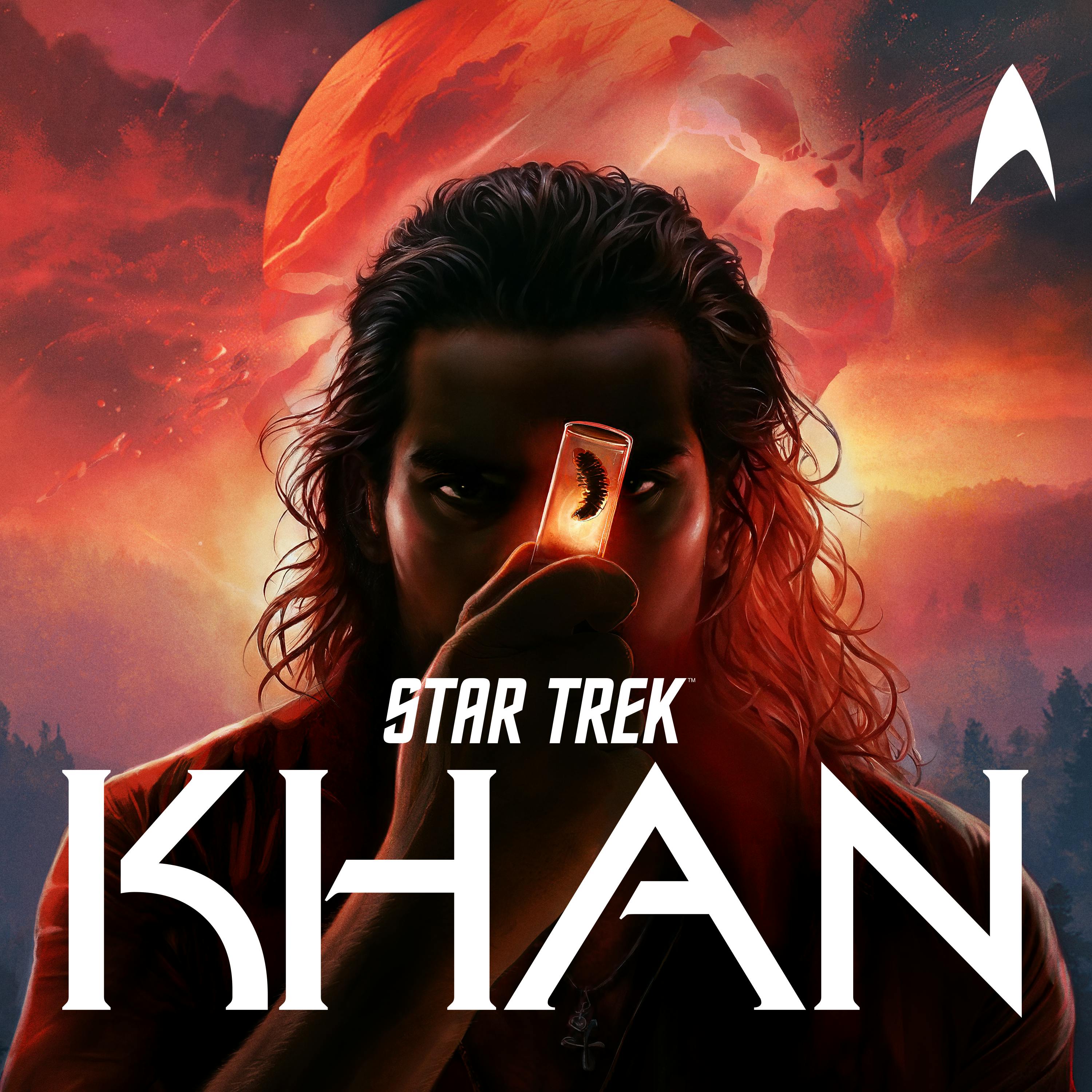 Star Trek: Khan audio series key art featuring Khan on the surface of Ceti Alpha V holding a ceti eel