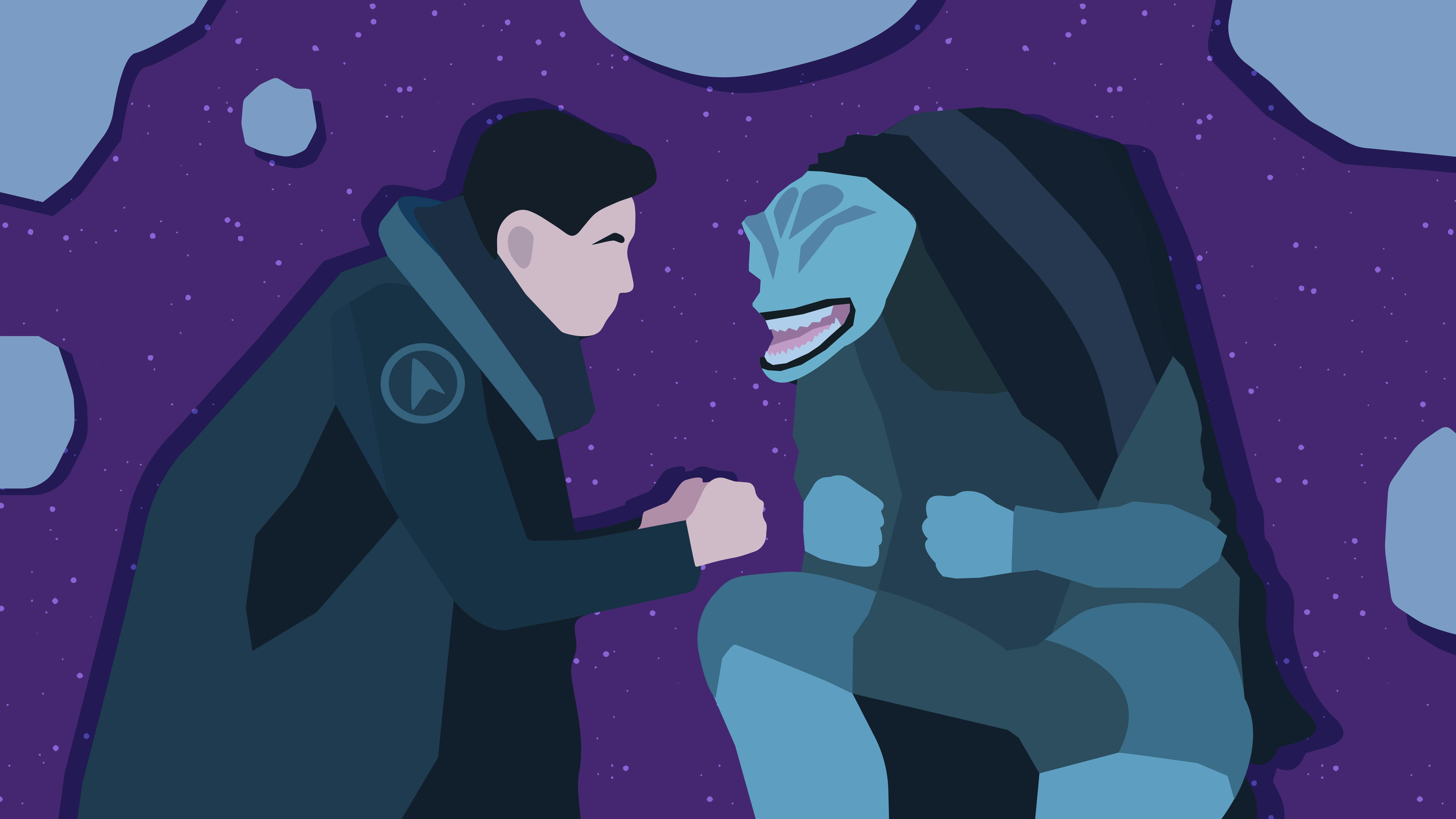 Illustration of Ortegas leaning towards the cloaked Gorn in 'Terrarium'