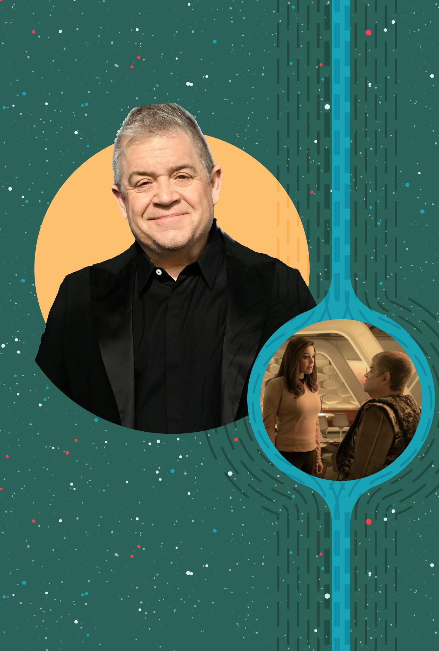 Event photo of Patton Oswalt next to an episodic still from 'Four-and-a-Half Vulcans' where Una and Doug stare deeply at each other