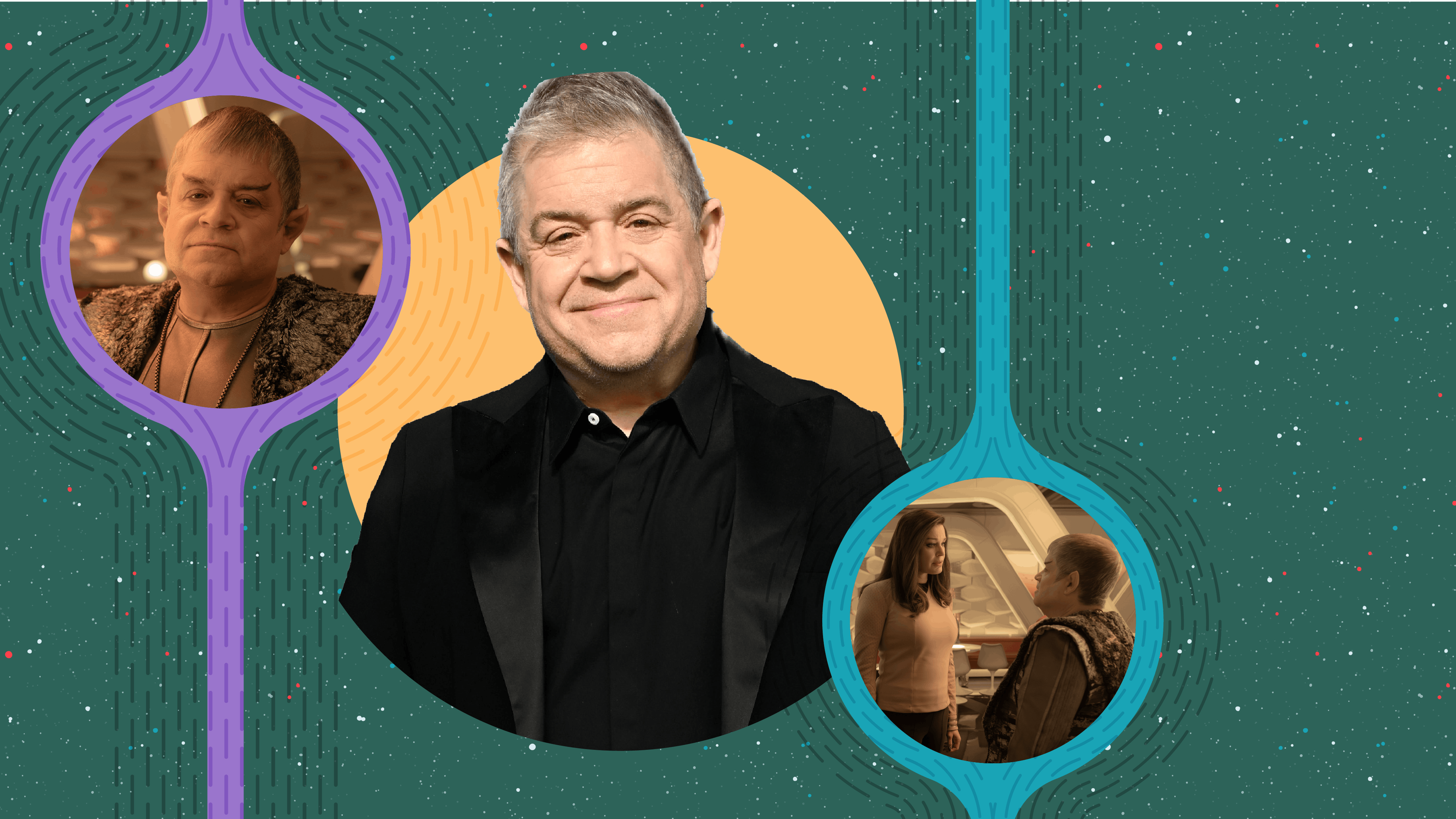 Event photo of Patton Oswalt next to an episodic stills from 'Four-and-a-Half Vulcans' where Una and Doug stare deeply at each other and a close-up of Doug