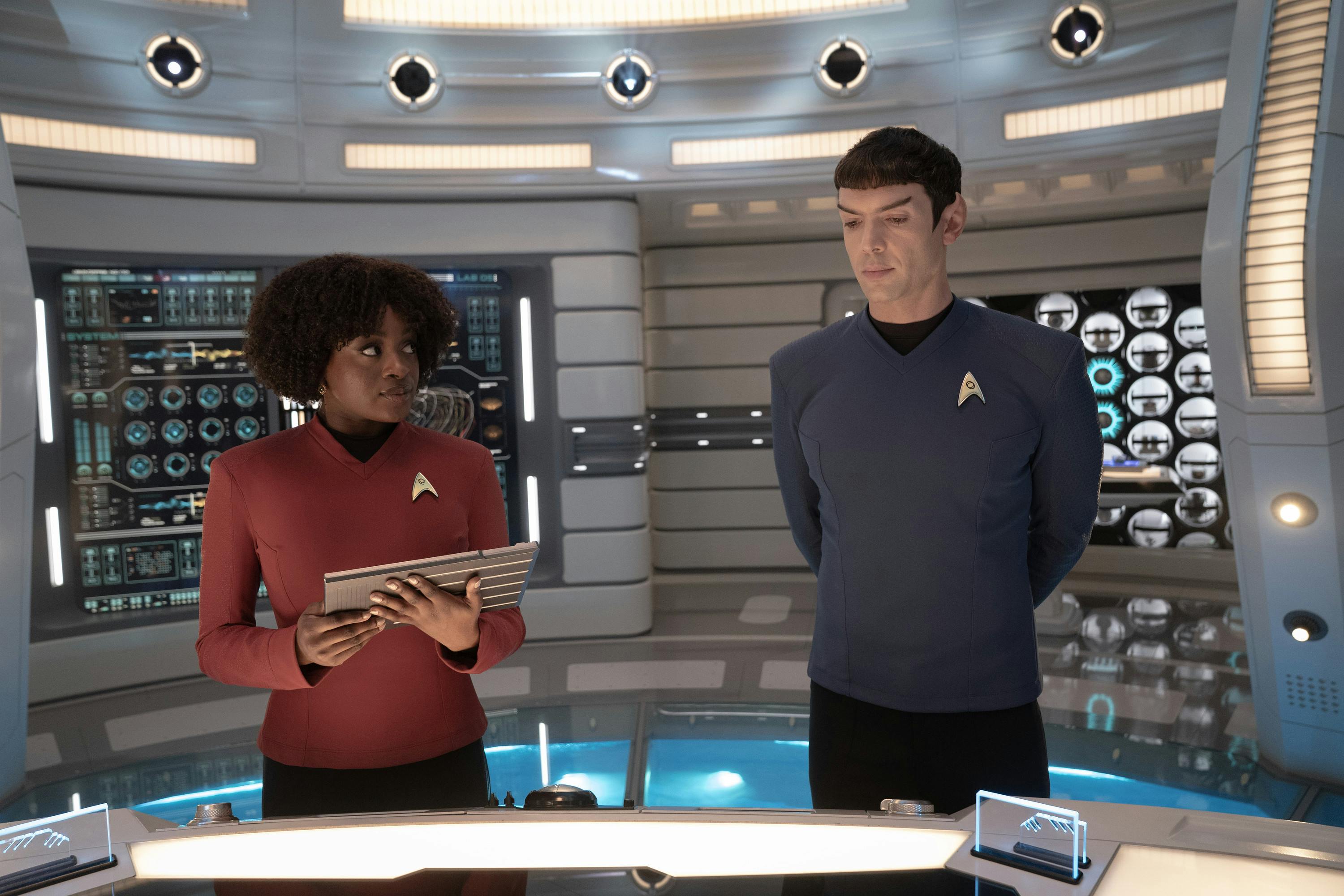 Uhura and Spock analyze current data in the Science Lab in 'Terrarium'