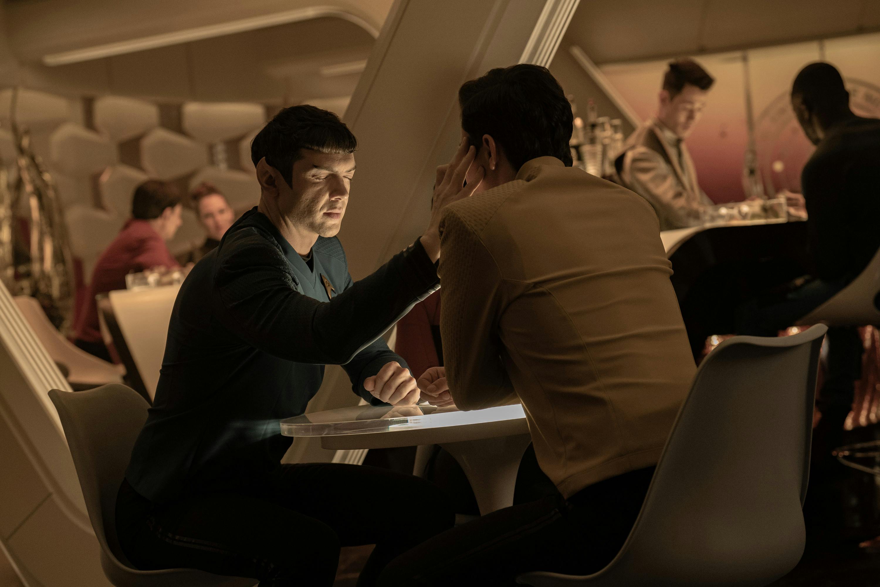 Spock mind-melds with Kirk in the Port Galley in 'New Life and New Civilizations'