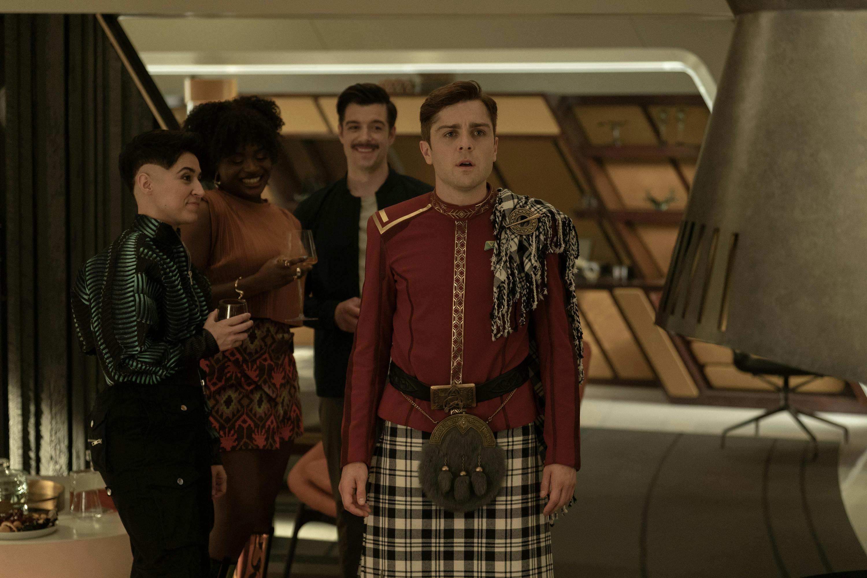 Scotty is pranked into showing up in formal attire for a captain's dinner in 'New Life and New Civilizations'