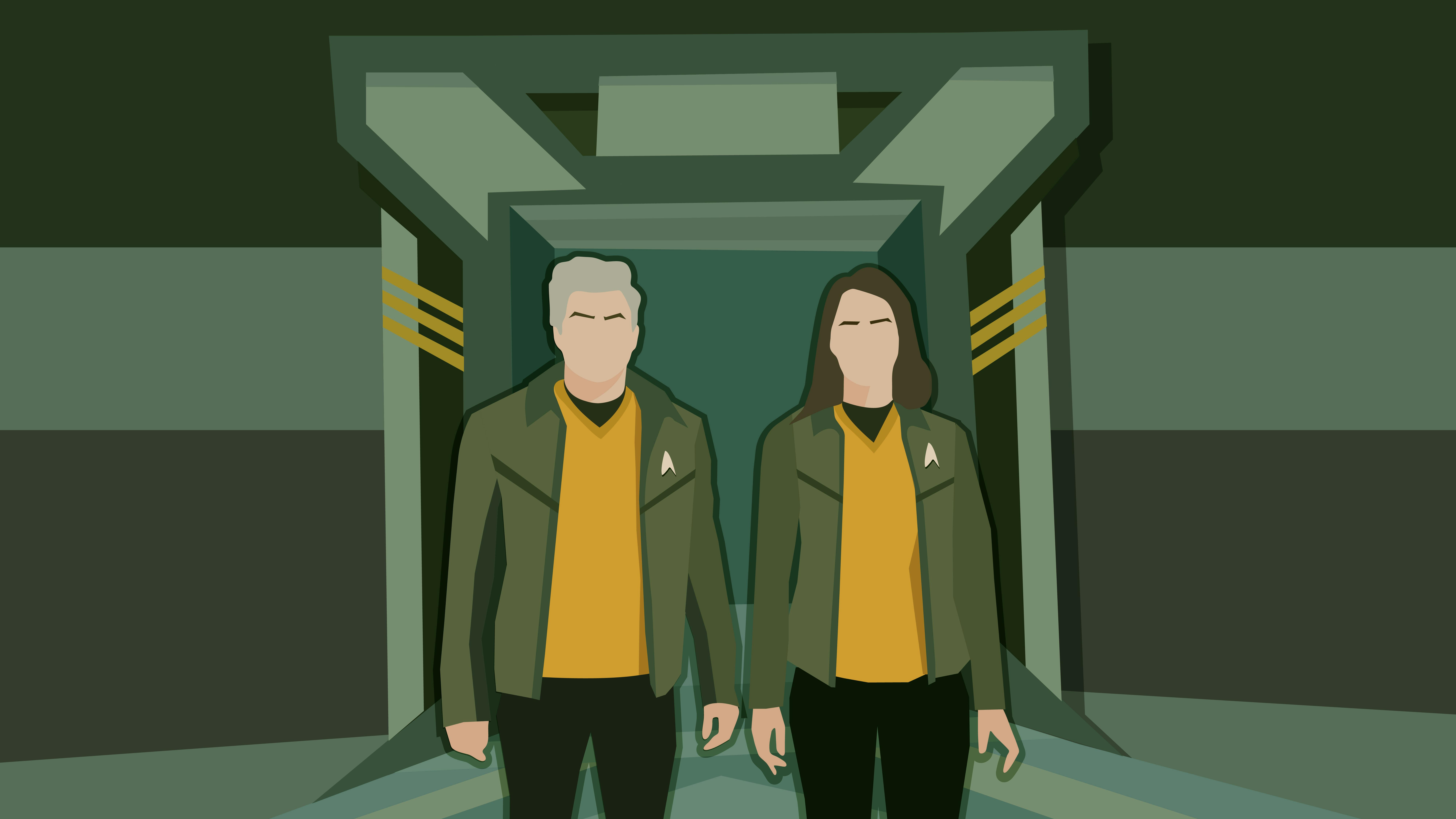 Illustration of Captain Pike and Captain Batel standing side-by-side at the door of the Impossible City in 'New Life and New Civilizations'