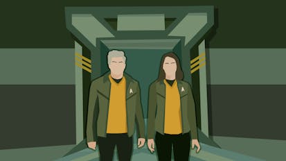Illustration of Captain Pike and Captain Batel standing side-by-side at the door of the Impossible City in 'New Life and New Civilizations'