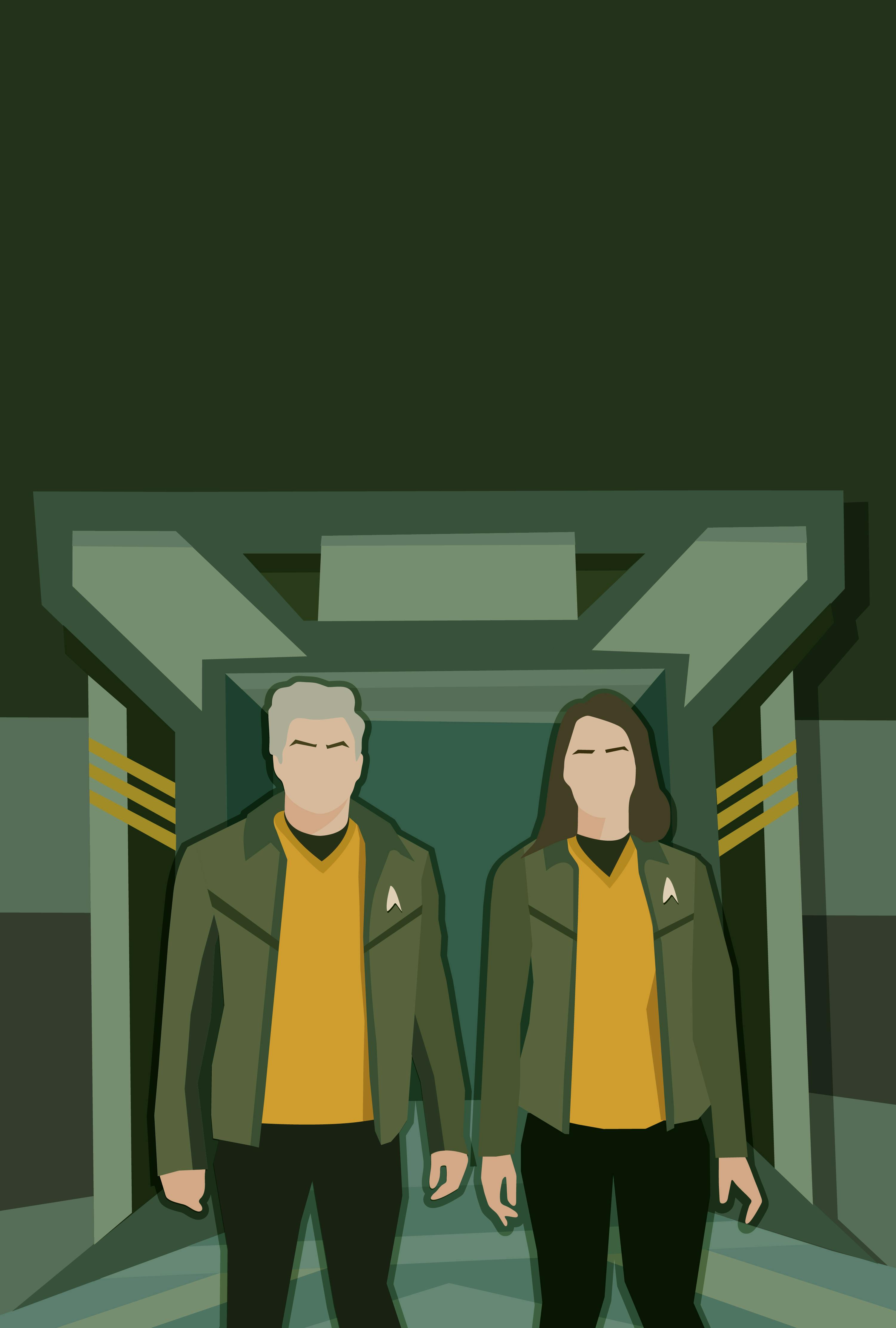 Illustration of Captain Pike and Captain Batel standing side-by-side at the door of the Impossible City in 'New Life and New Civilizations'