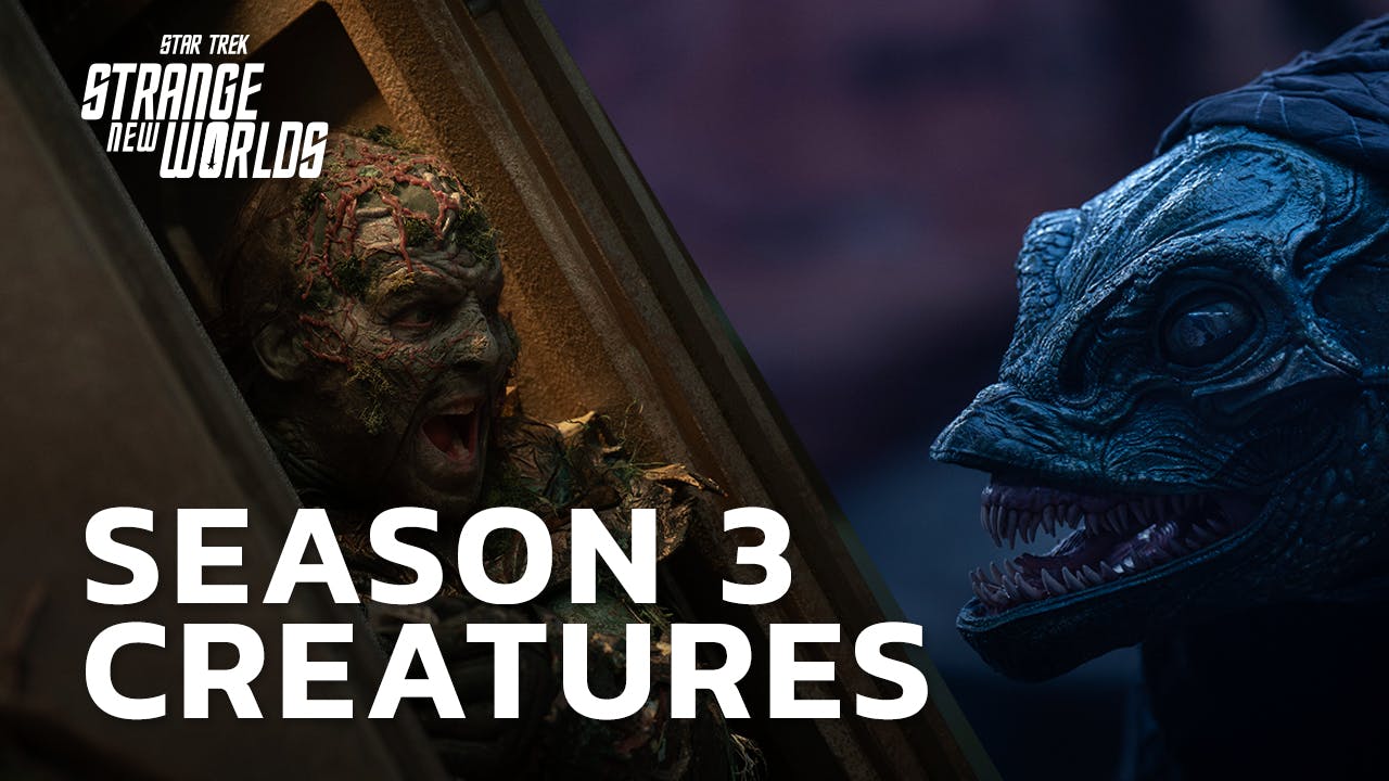Split screen of a zombie mosser and the Gorn pilot from Season 3 of Star Trek: Strange New Worlds
