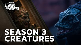 Split screen of a zombie mosser and the Gorn pilot from Season 3 of Star Trek: Strange New Worlds