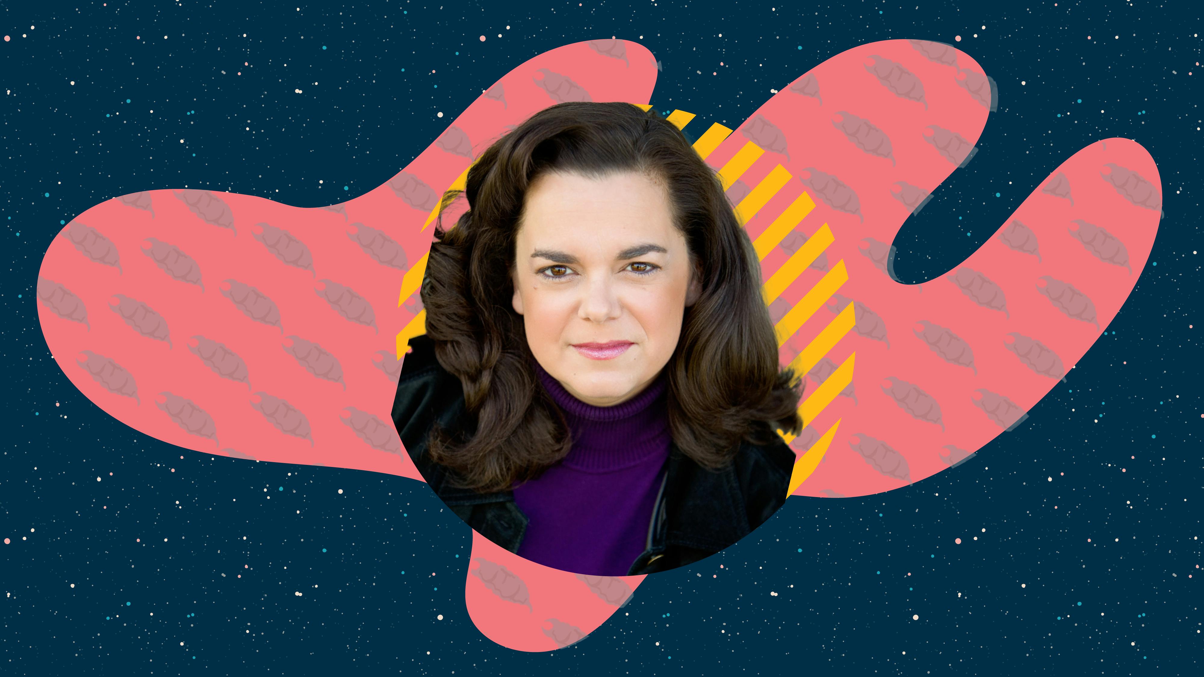 Stylized headshot of Kirsten Beyer against a geometric shape with illustrated ceti eels