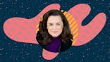 Stylized headshot of Kirsten Beyer against a geometric shape with illustrated ceti eels