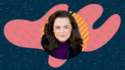 Stylized headshot of Kirsten Beyer against a geometric shape with illustrated ceti eels