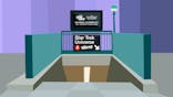 illustration of New York subway entrance with a sign directing to NYCC's Star Trek universe panel