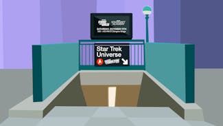 illustration of New York subway entrance with a sign directing to NYCC's Star Trek universe panel