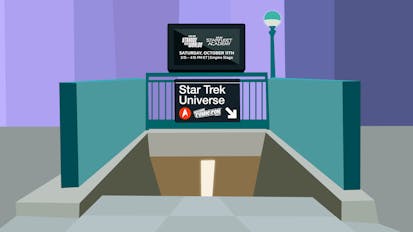 illustration of New York subway entrance with a sign directing to NYCC's Star Trek universe panel