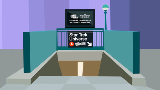 illustration of New York subway entrance with a sign directing to NYCC's Star Trek universe panel