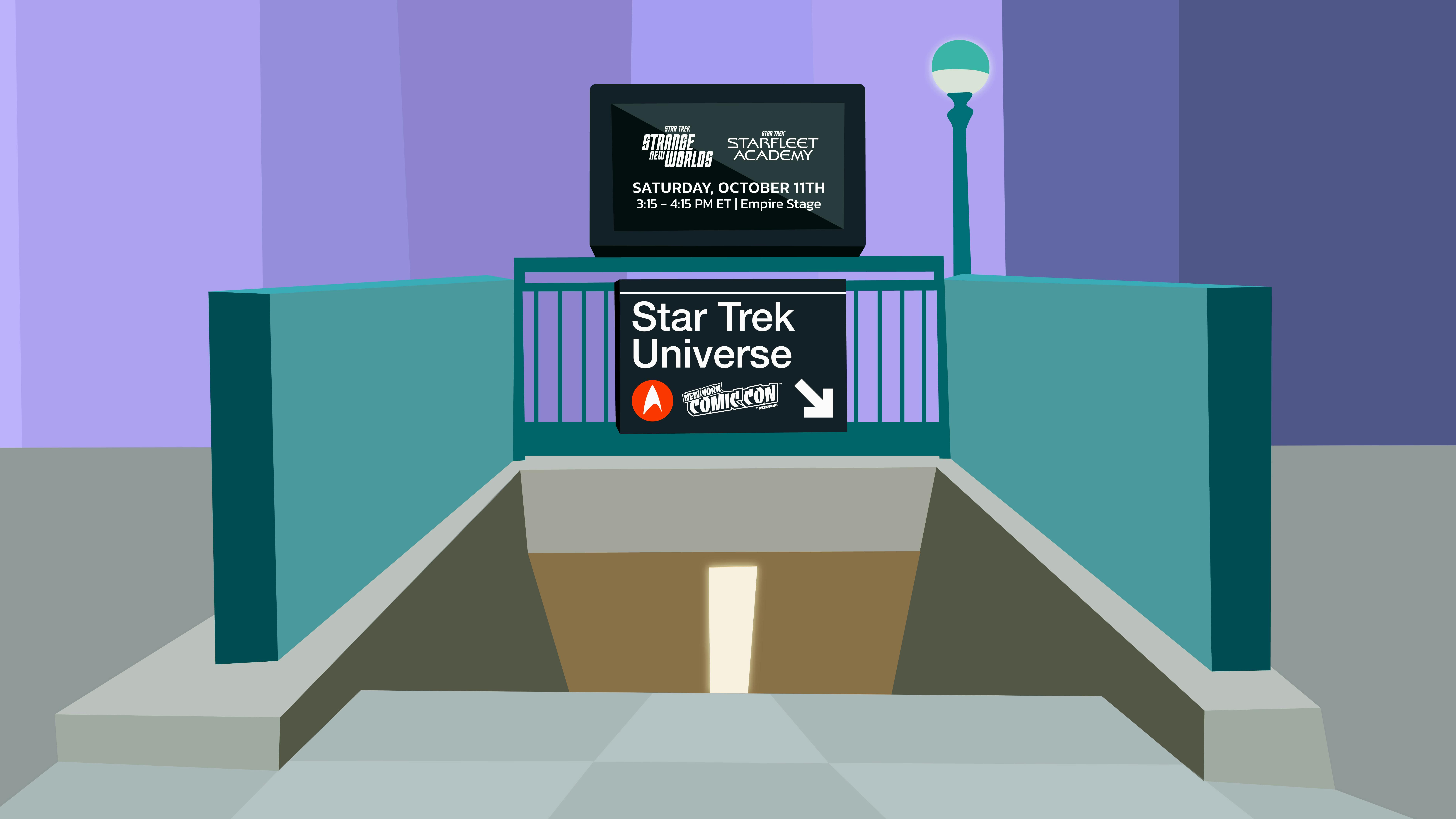 illustration of New York subway entrance with a sign directing to NYCC's Star Trek universe panel