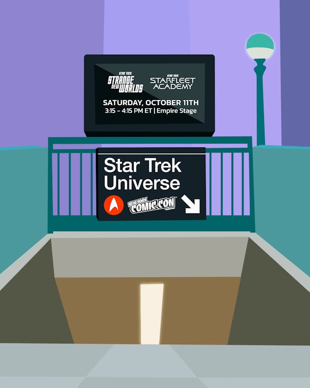 illustration of New York subway entrance with a sign directing to NYCC's Star Trek universe panel