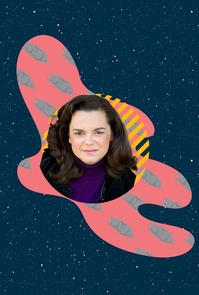 Stylized headshot of Kirsten Beyer against a geometric shape with illustrated ceti eels