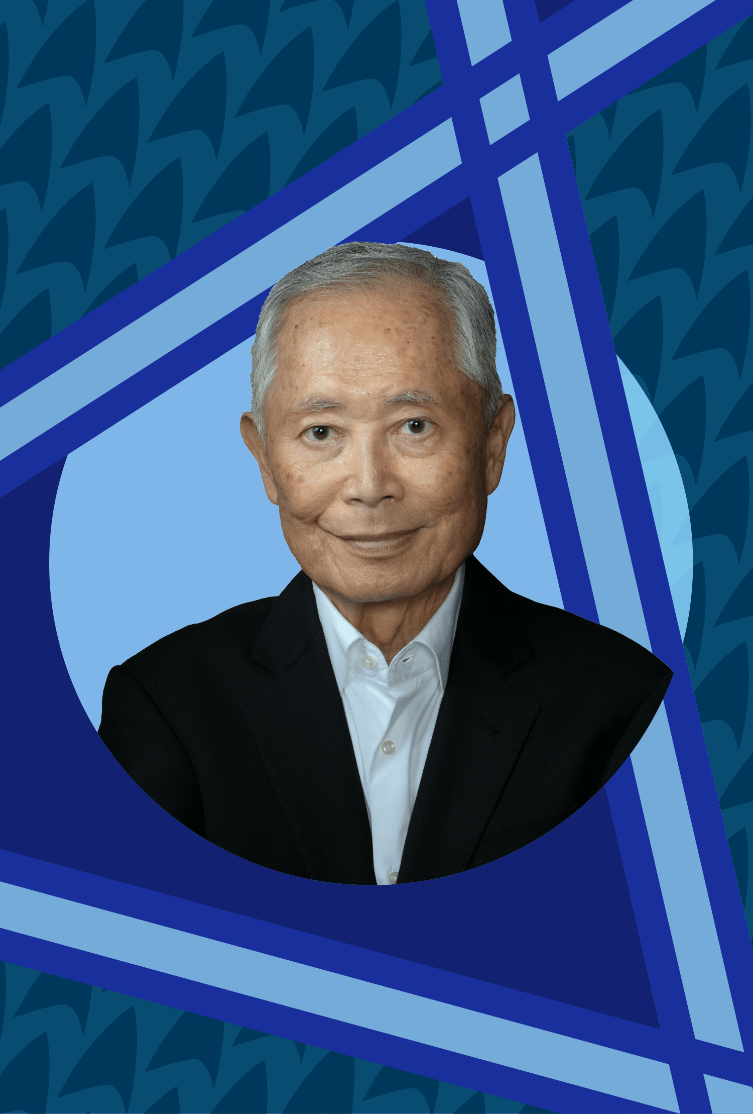 Headshot of George Takei along an illustrated background featuring Star Trek deltas