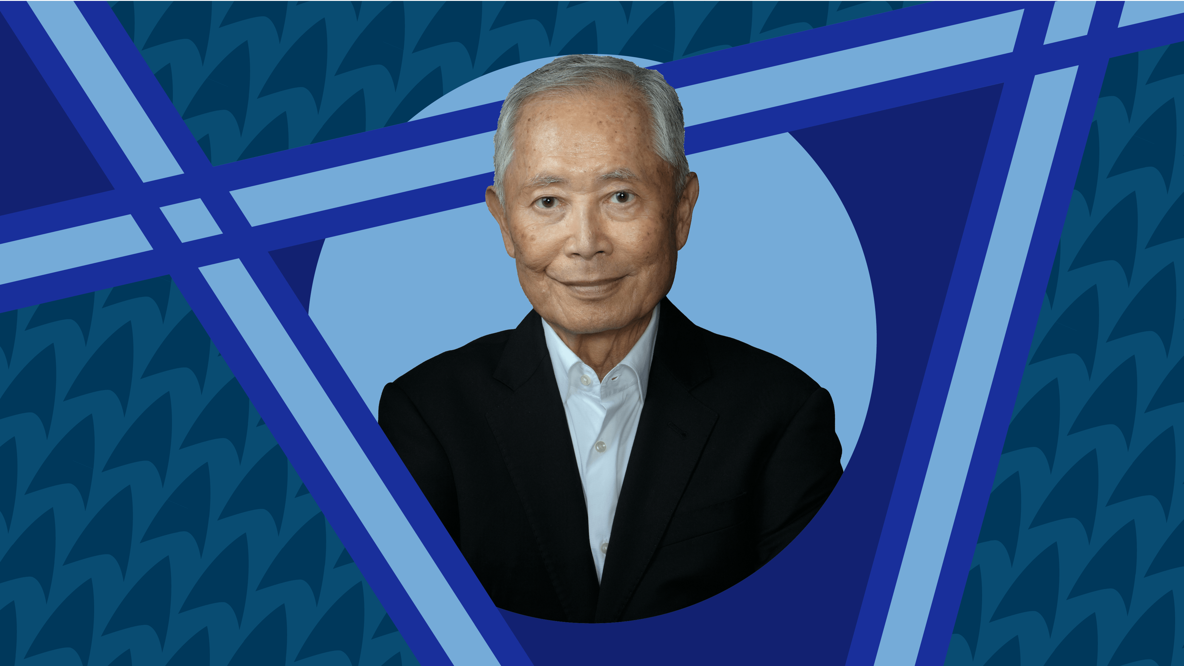 Headshot of George Takei along an illustrated background featuring Star Trek deltas