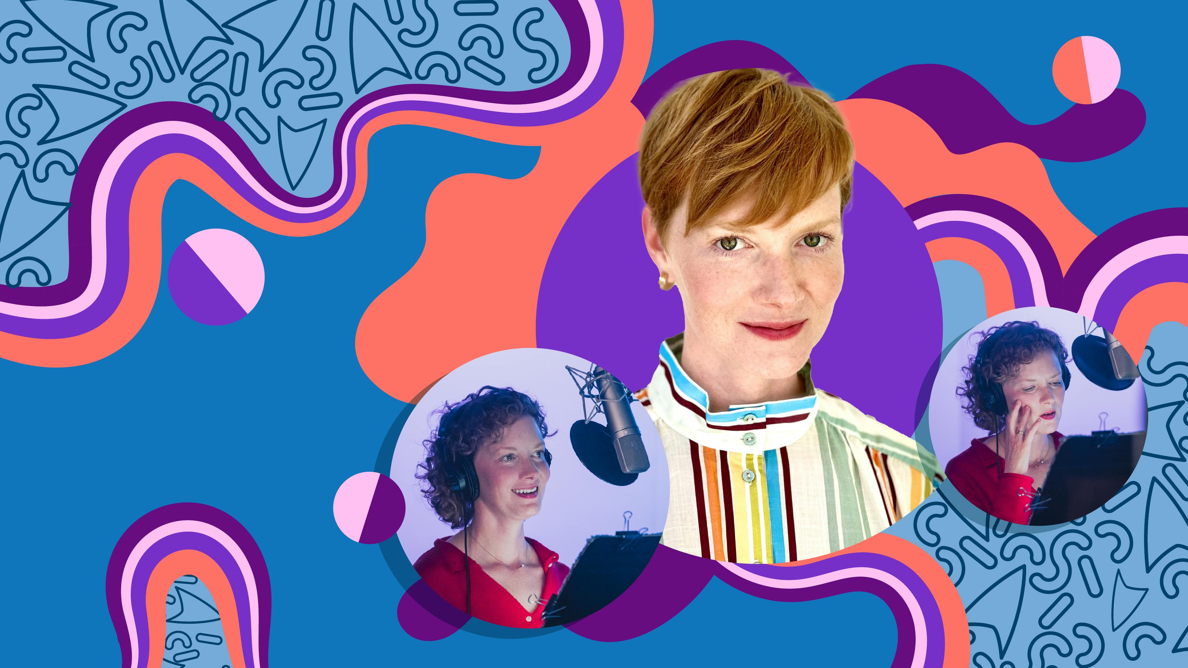 Graphic collage of Wrenn Schmidt's headshot and photos of her in the recording booth