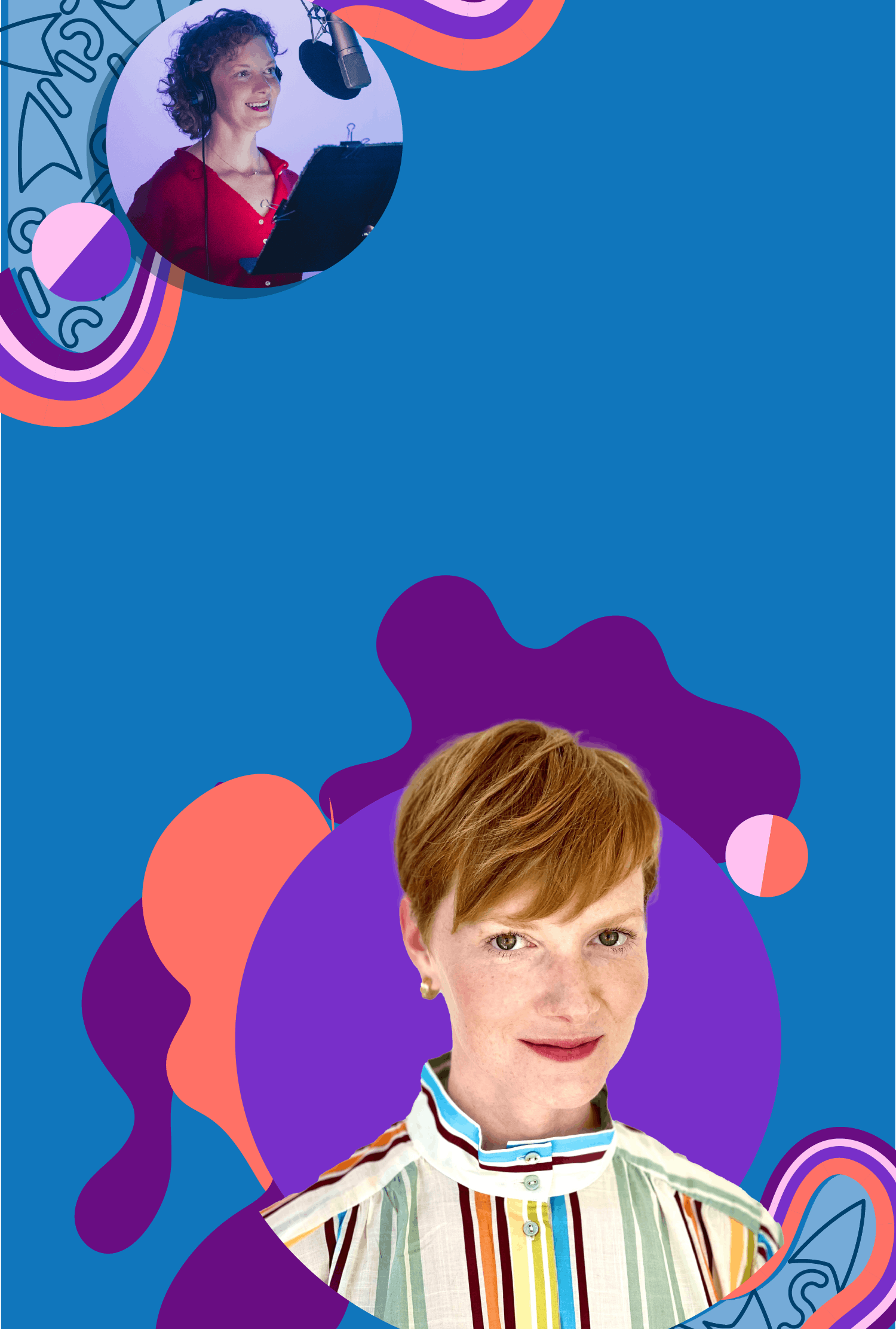 Graphic collage of Wrenn Schmidt's headshot and photos of her in the recording booth