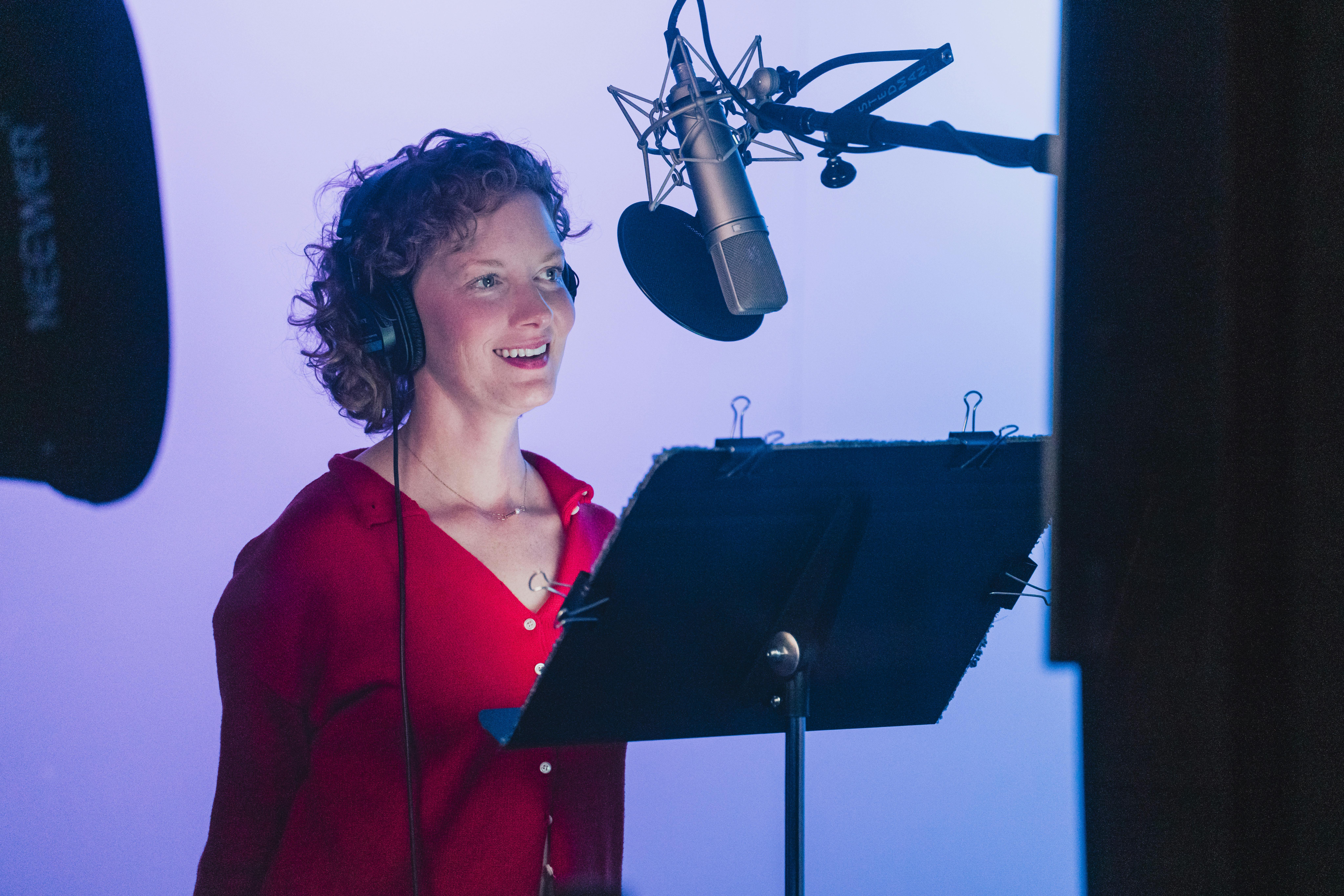 Wrenn Schmidt in the recording booth for Star Trek: Khan