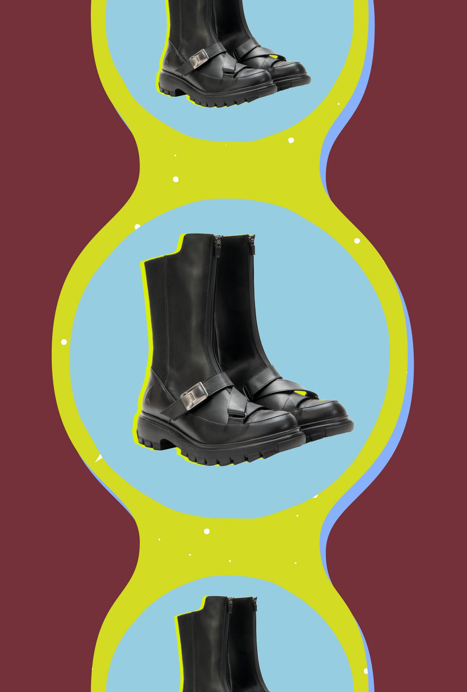 Illustrated triptych featuring Fluevog's Star Trek: Starfleet Academy boots