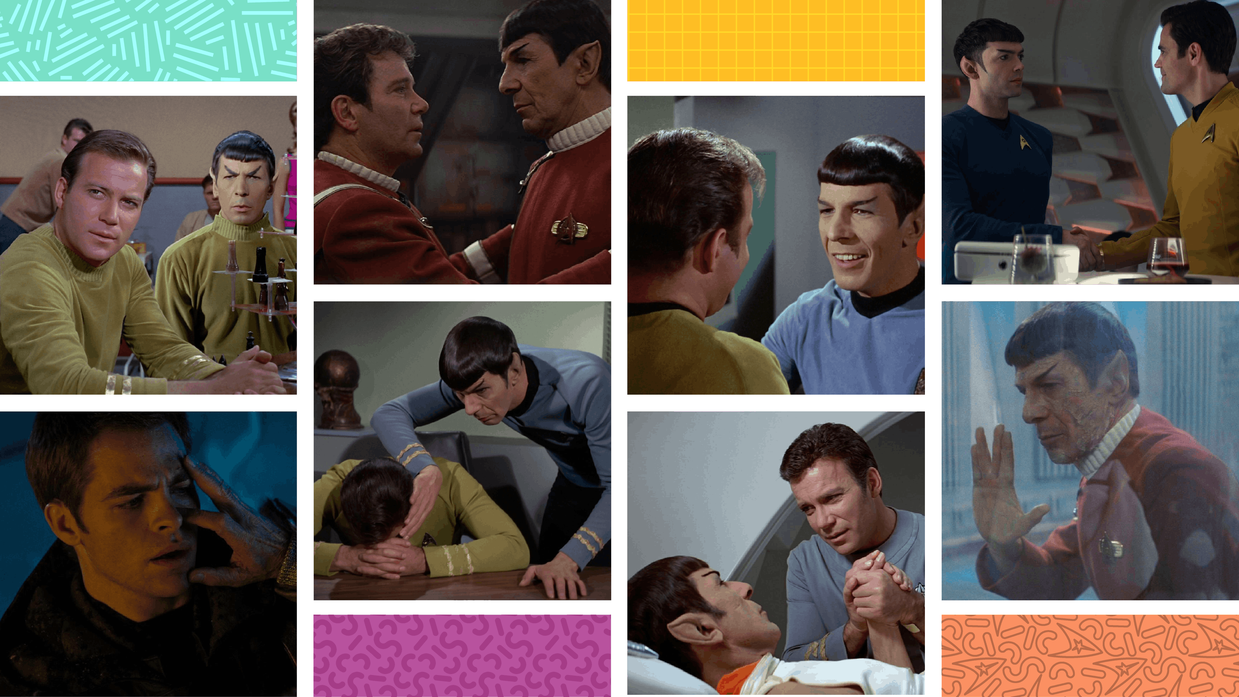 Collage spanning the friendship of Kirk and Spock across the Original Series, its films, Star Trek (2009) and Star Trek: Strange New Worlds