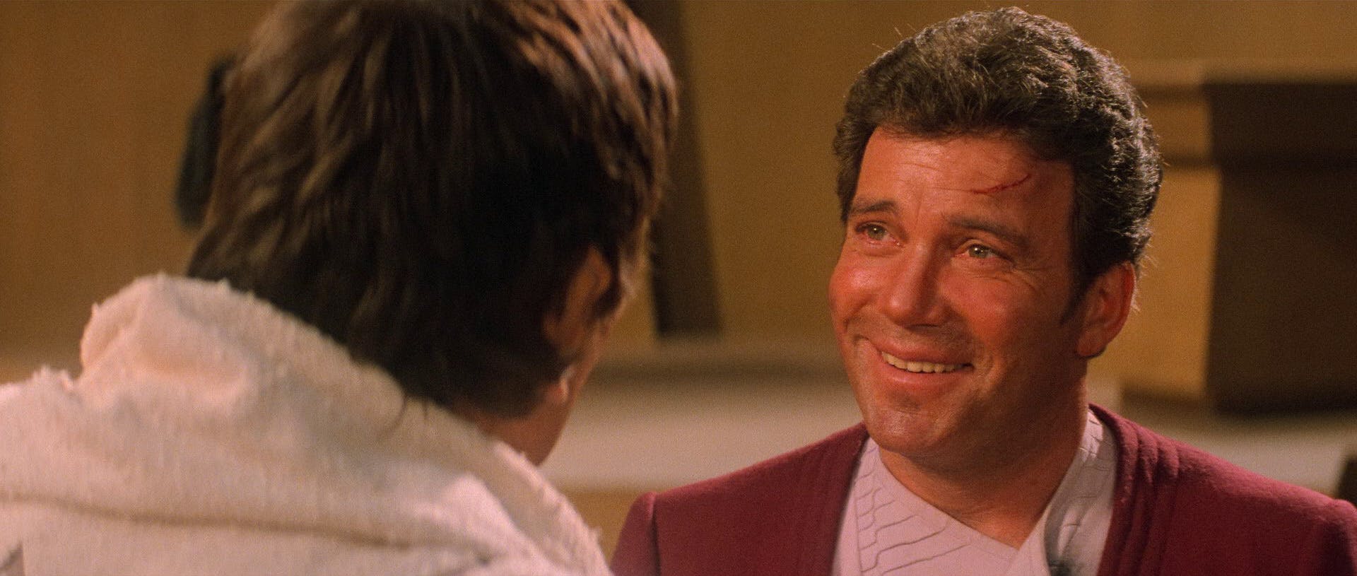 James T. Kirk emotionally smiles as he's reunited with Spock in Star Trek III: The Search for Spock