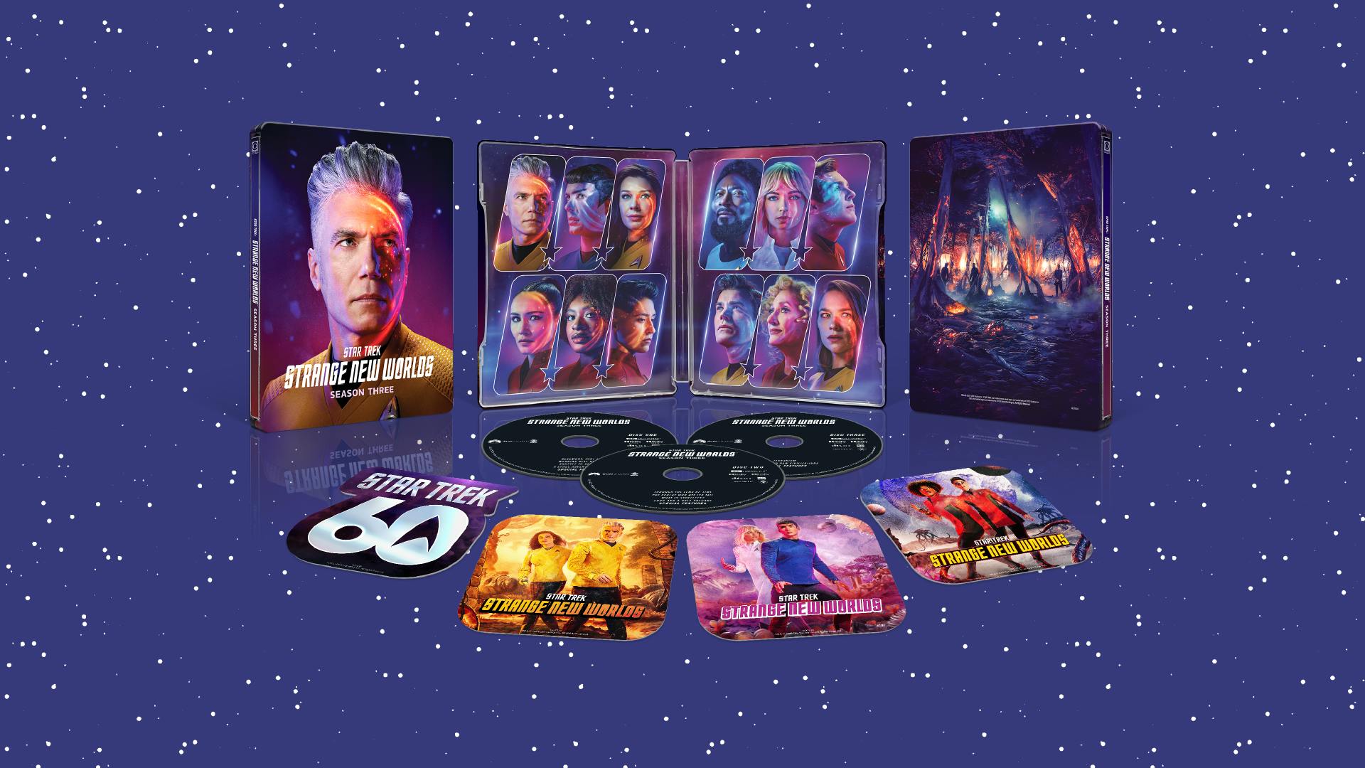 Strange New Worlds Season 3 Steelbook image with discs and stickers laid out in front of the open book