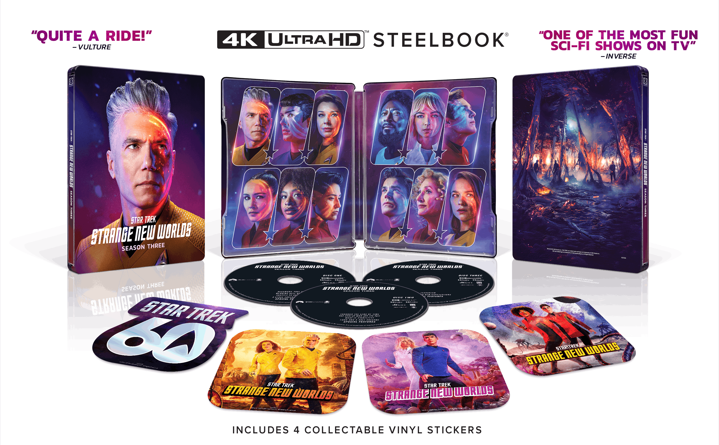 Strange New Worlds Season 3 Steelbook image with discs and stickers laid out in front of the book cover.