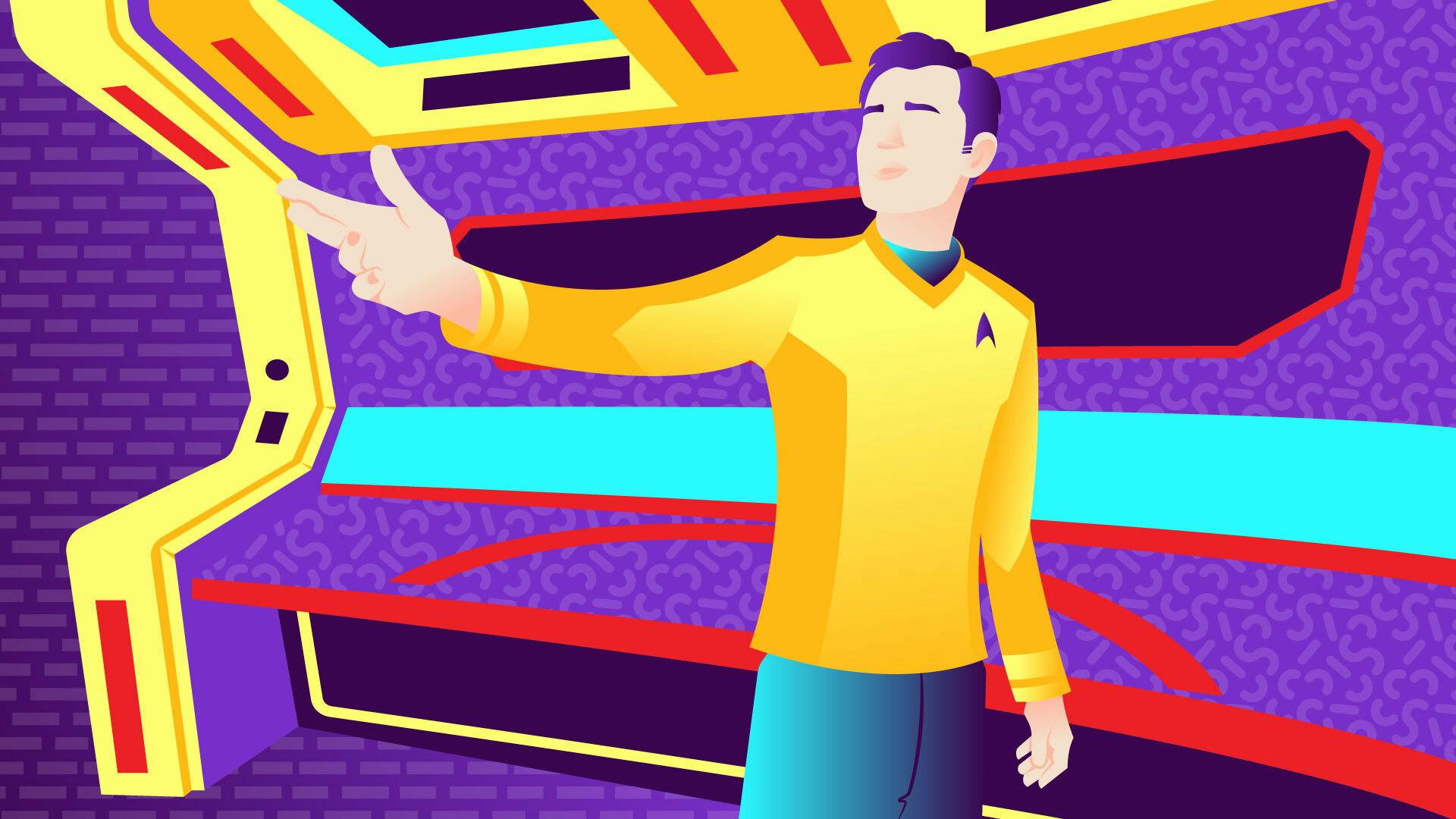 Illustrated banner of James T. Kirk raising his arm out while delivering his update in song on the bridge of the Enterprise in 'Subspace Rhapsody'