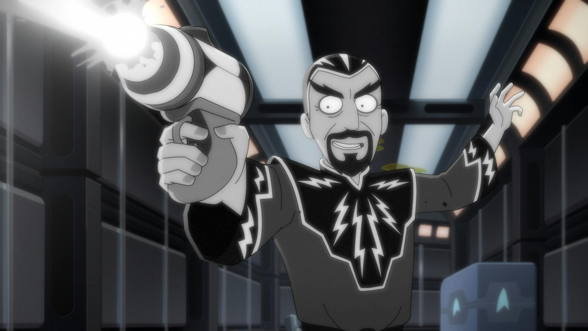 The hologram of Dr. Chaotica fires his weapon in a showy fashion in 'Twovix'