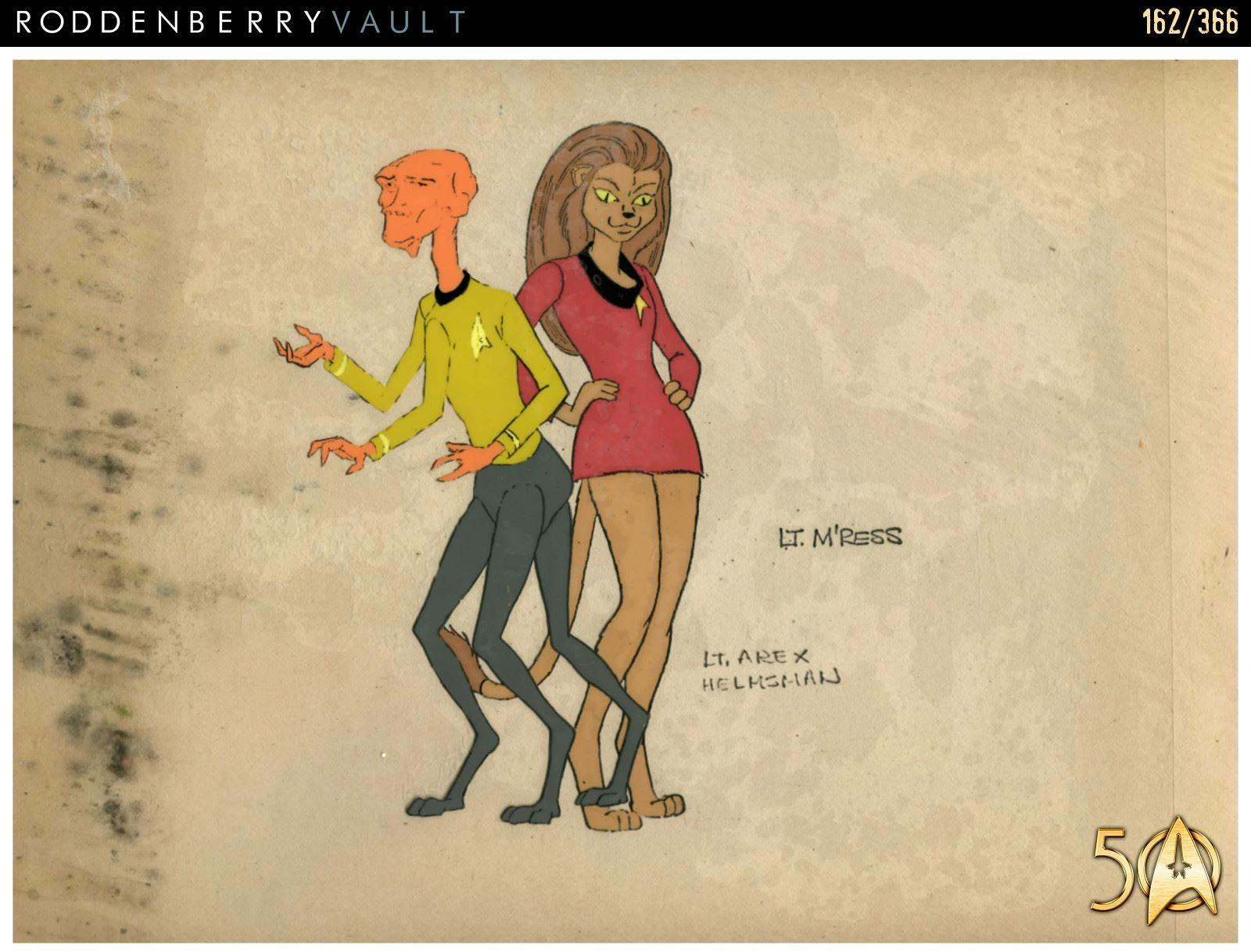 From the Roddenberry 366 Vault - The Animated Series - promotional art of Lt. M'Ress and Lt. Arex helmsman