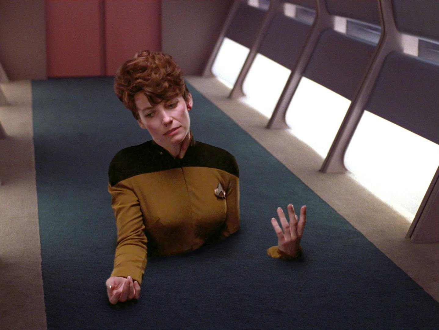 Investigating an anomaly, it appears below Lt. Van Mayter pulling her into the floor of the Enterprise hallway, ultimately killing her as she's embedded in the floor in 'In Theory'