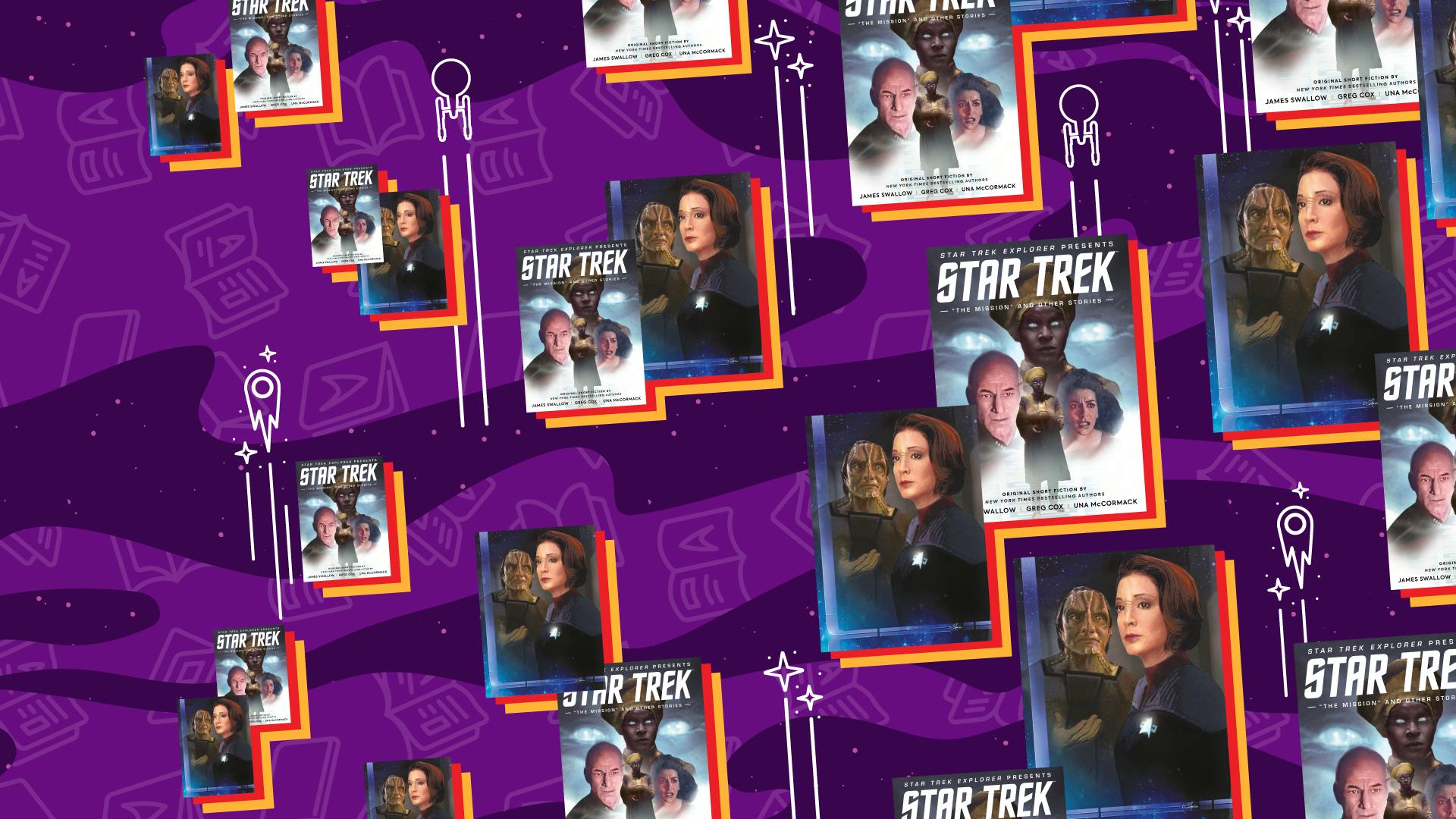 Illustrated collage featuring Star Trek Explorer Presents 'The Mission' and Other Stories