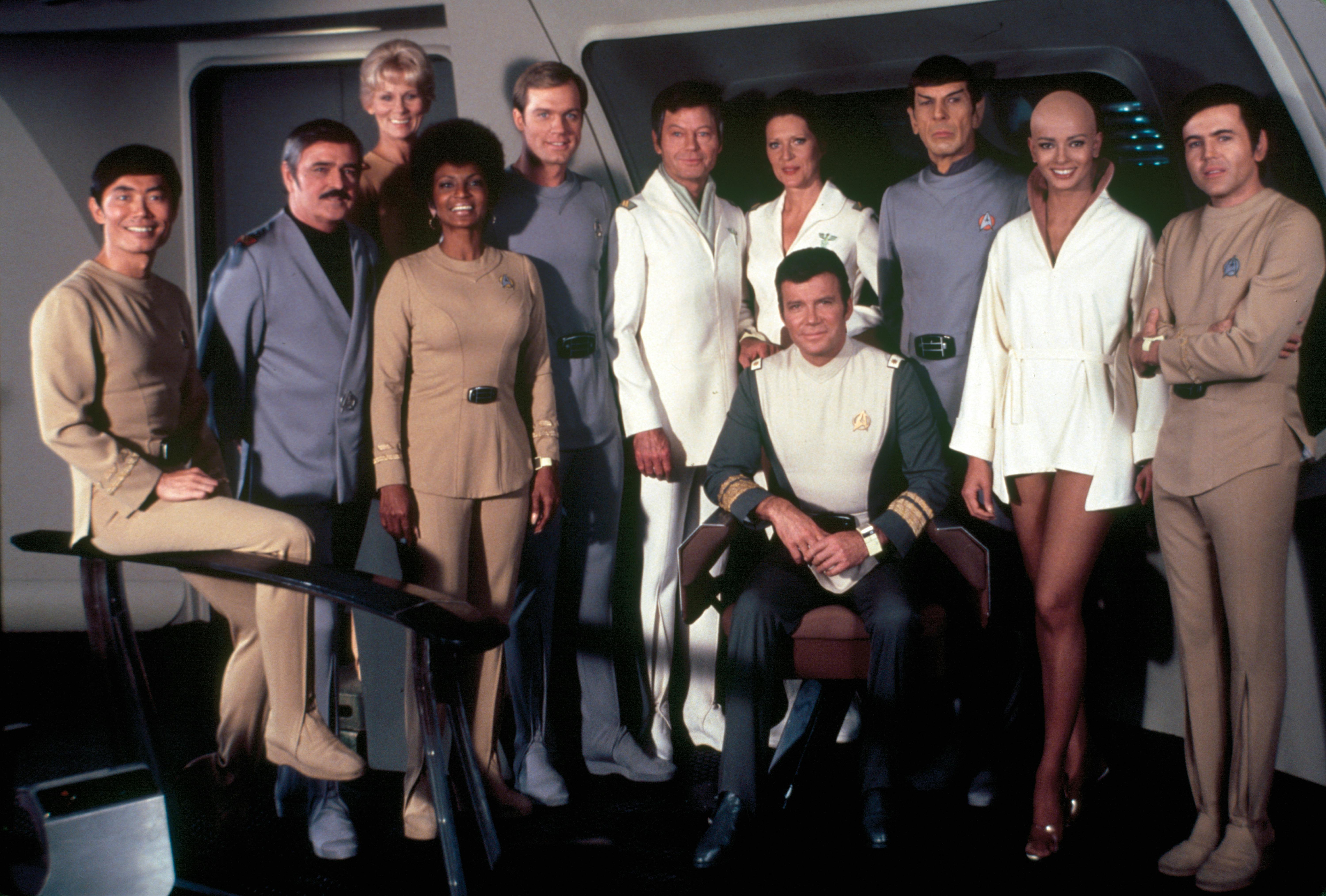 Publicity cast photo of Star Trek: The Motion Picture on the Enterprise bridge set