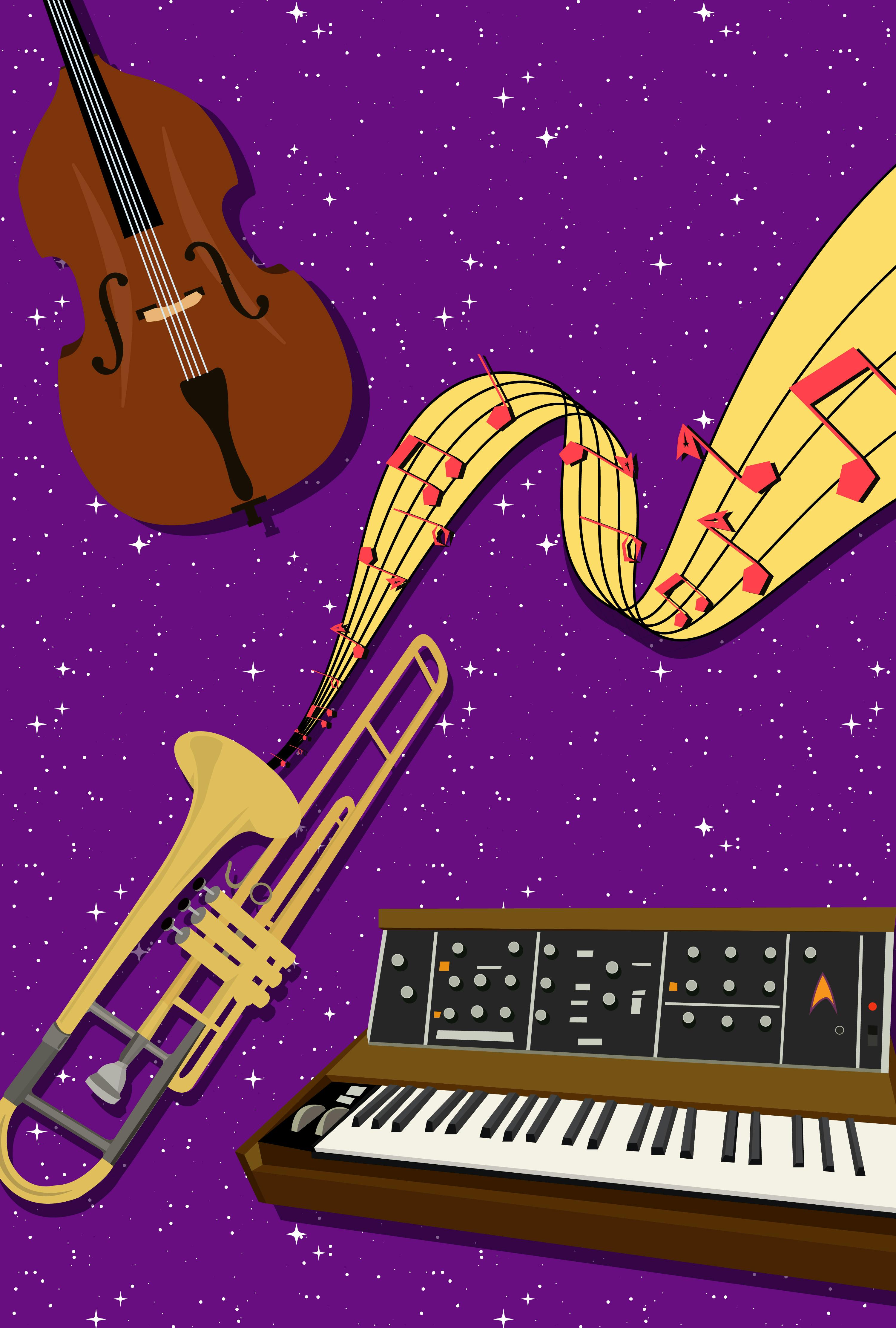 Graphic illustration of a violin, keyboard with a delta, and trumpet with music notes flowing out of it