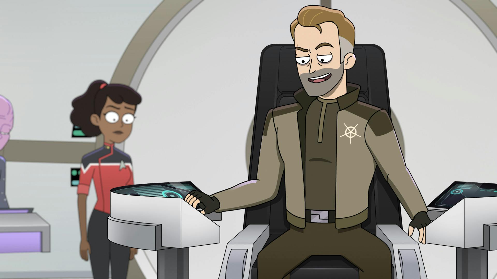 Aboard his ship, Nick Locarno sits in his captain's chair looking over his control panels as a concerned Mariner stands behind him in 'Old Friends, New Planets'