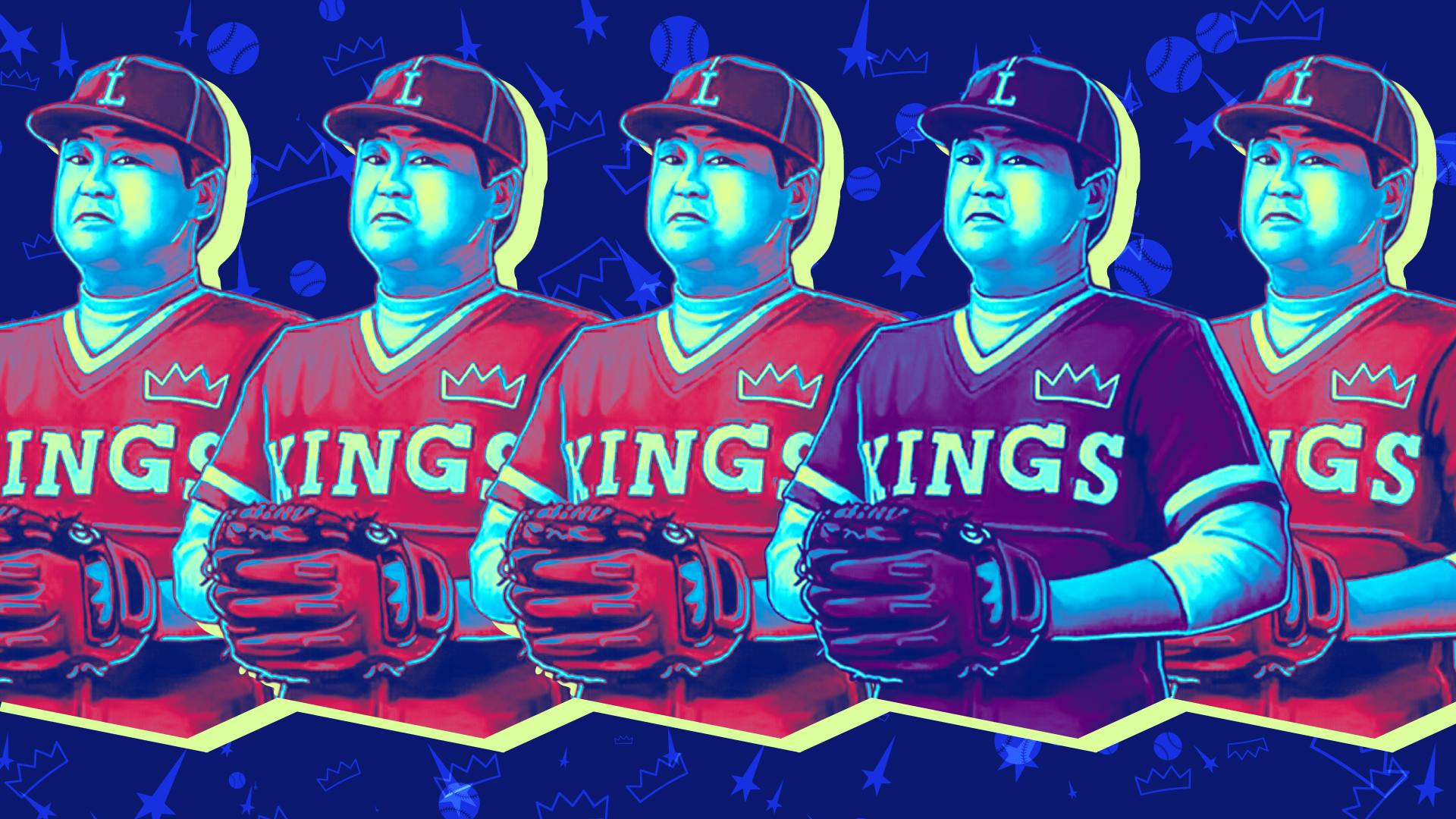 Illustrated banner featuring a repetition of stylized depictions of Star Trek: Deep Space Nine's holo-baseball character Buck Bokai