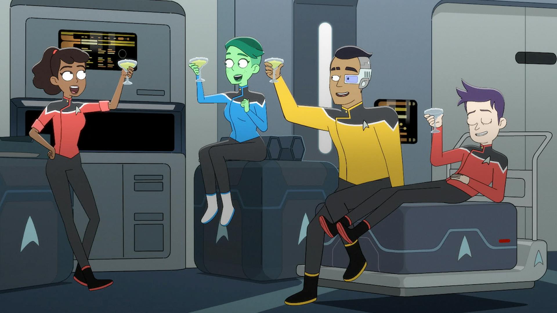 Raising a glass in celebration, the lower deckers Mariner, Tendi, Rutherford, and Boimler take a break resting on Starfleet crates