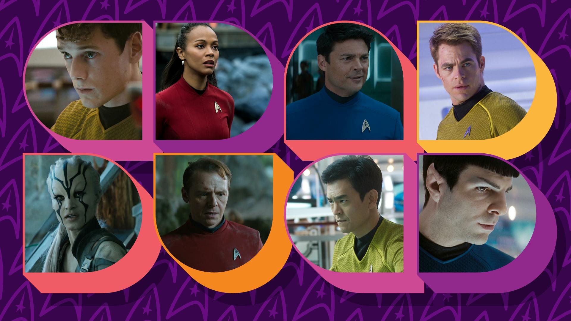 Collage of Kelvin Timeline characters (Chekov, Uhura, McCoy, Kirk, Jaylah, Scotty, Sulu, and Spock)