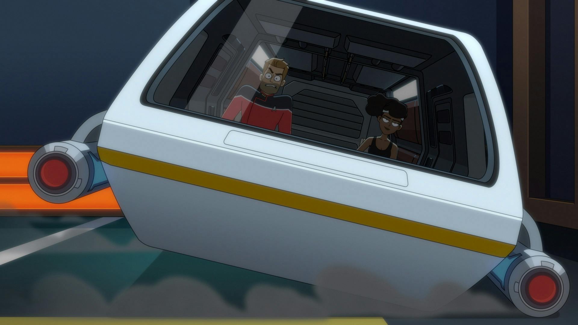 Ransom - with an upset expression - and Mariner in a shuttle pod, coming in with a rough landing, as seen on Star Trek: Lower Decks 402 'I Have No Bones Yet I Must Flee'