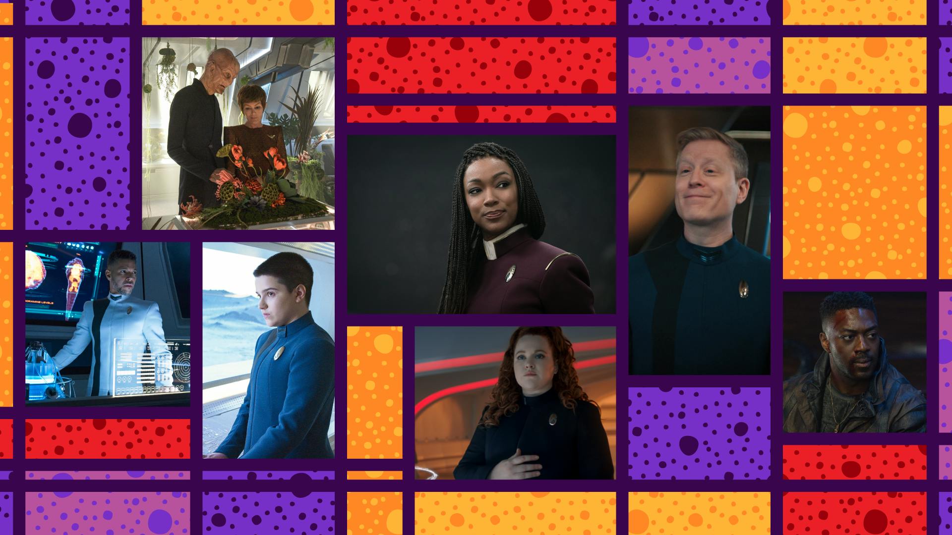 Collage of Star Trek: Discovery characters - Burnham, Saru, T'Rina, Culber, Adira, Tilly, Stamets, and Book