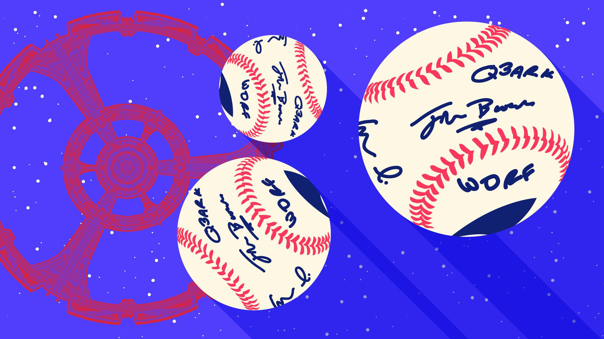 Illustrated banner featuring the Deep Space Nine space station and baseballs signed by the crew