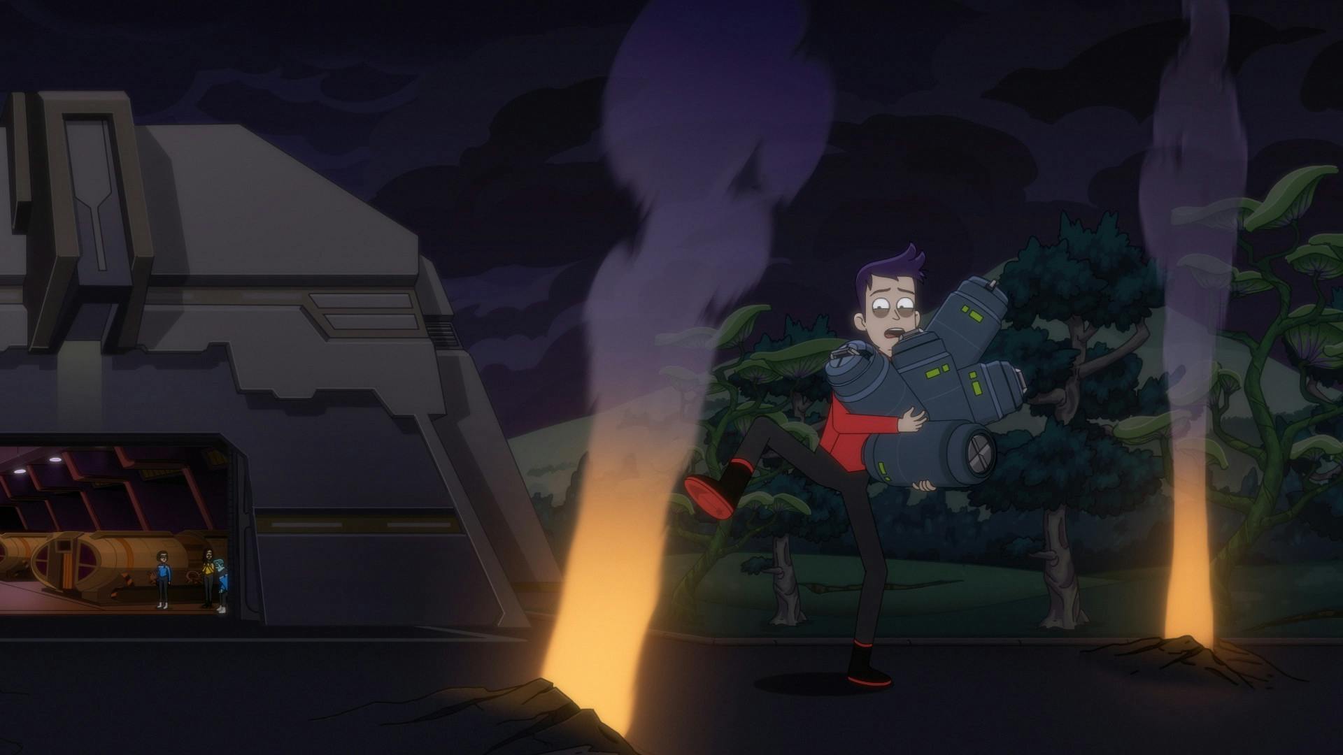 On the surface of Corazonia, the ensigns and T'Lyn stand back in the Starfleet power station as Boimler, his arms full of volatile parts, dodges the scene as fissures break the planets surface while dodging steam vents, in 'In the Cradle of Vexilon'