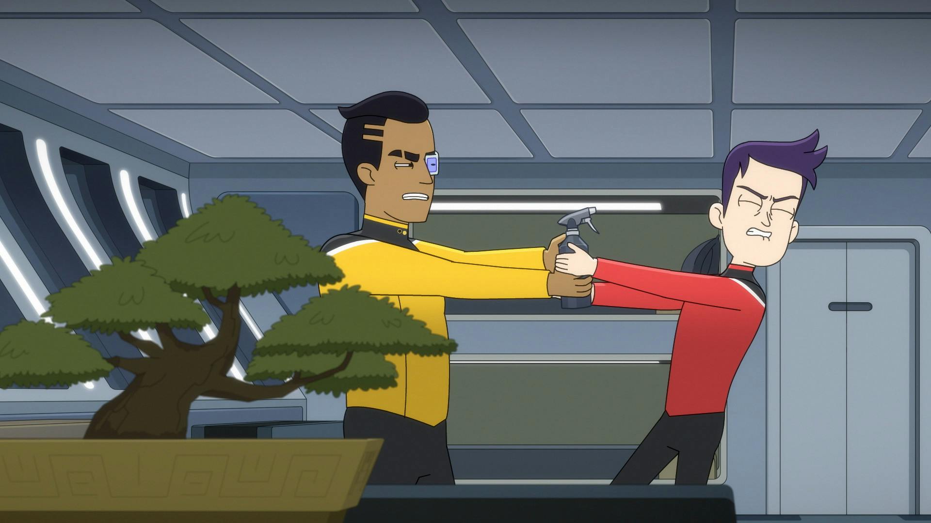 In their quarters, Rutherford and Boimler fight over the mister for their bonsai plant in 'Something Borrowed, Something Green'
